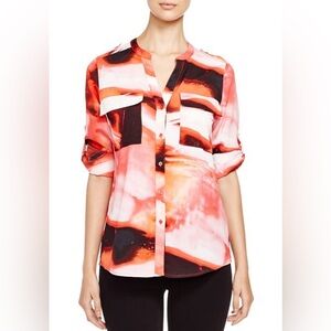Coral Abstract Print Roll-Sleeve Blouse